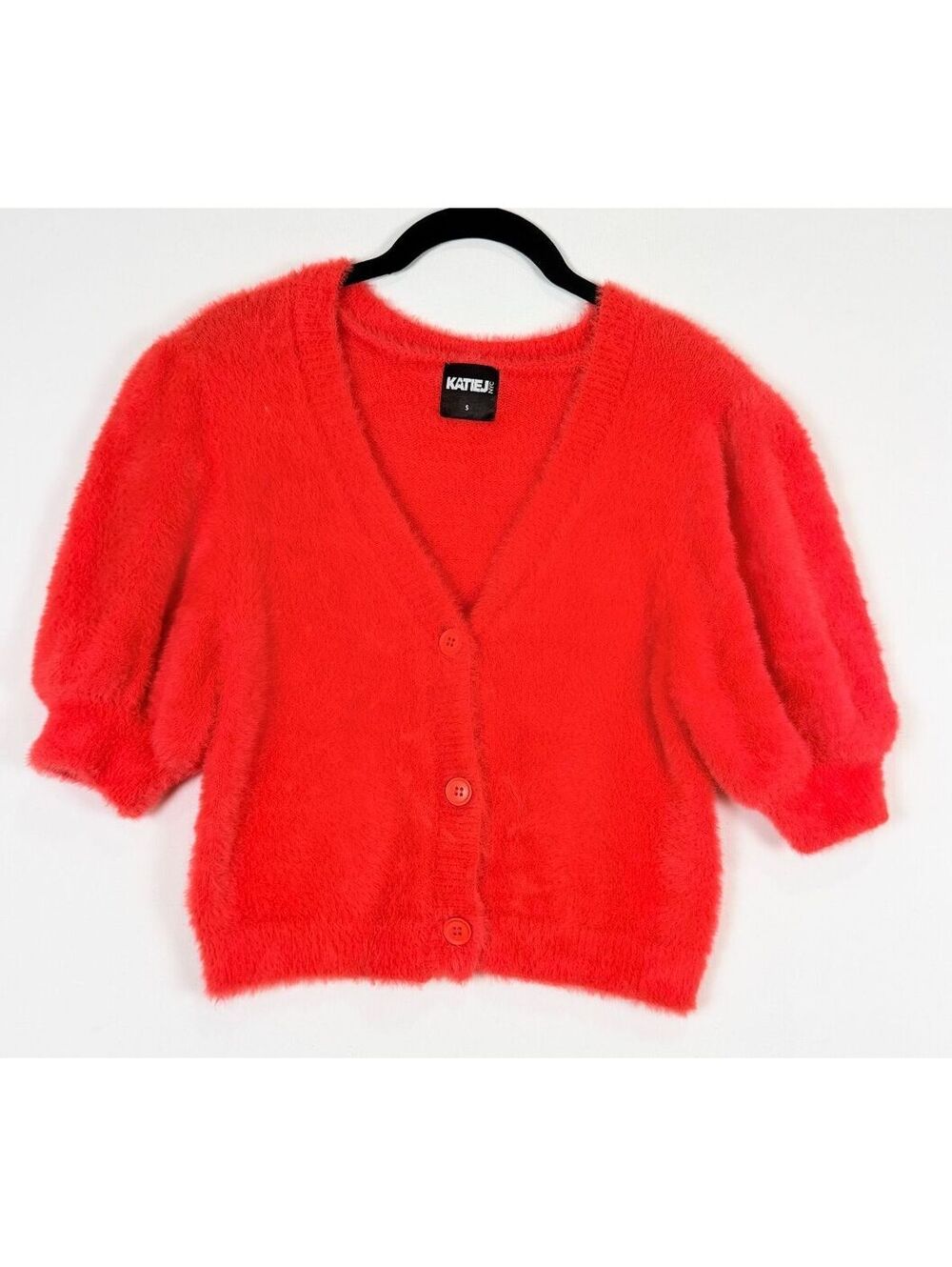 Katie J NYC Juniors Small (10/12) Red Fuzzy Cropped Cardigan Puff Sleeve Sweater
